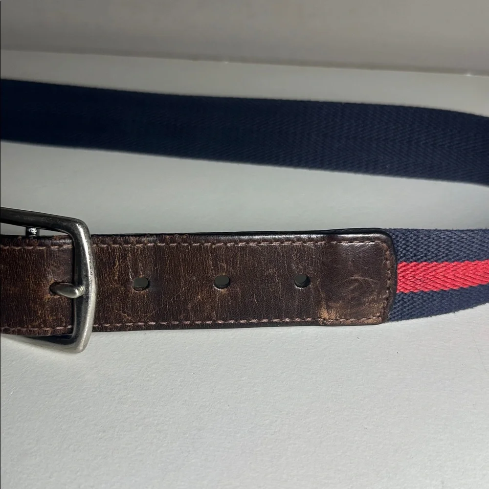 Coach Men's Brown Leather Belt with Navy and Red Stripe solid brass